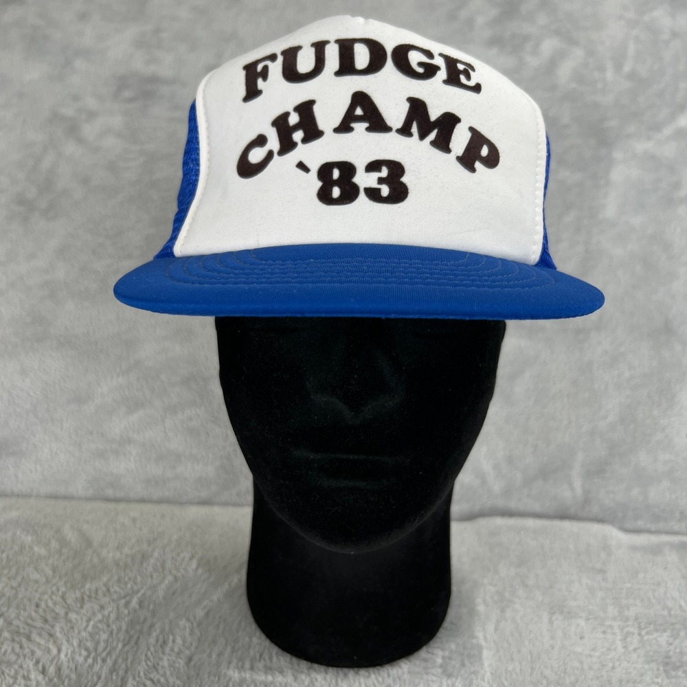Vintage 1983 Fudge Champ Trucker Hat Large Blue Mesh Snapback Sportcap Retro